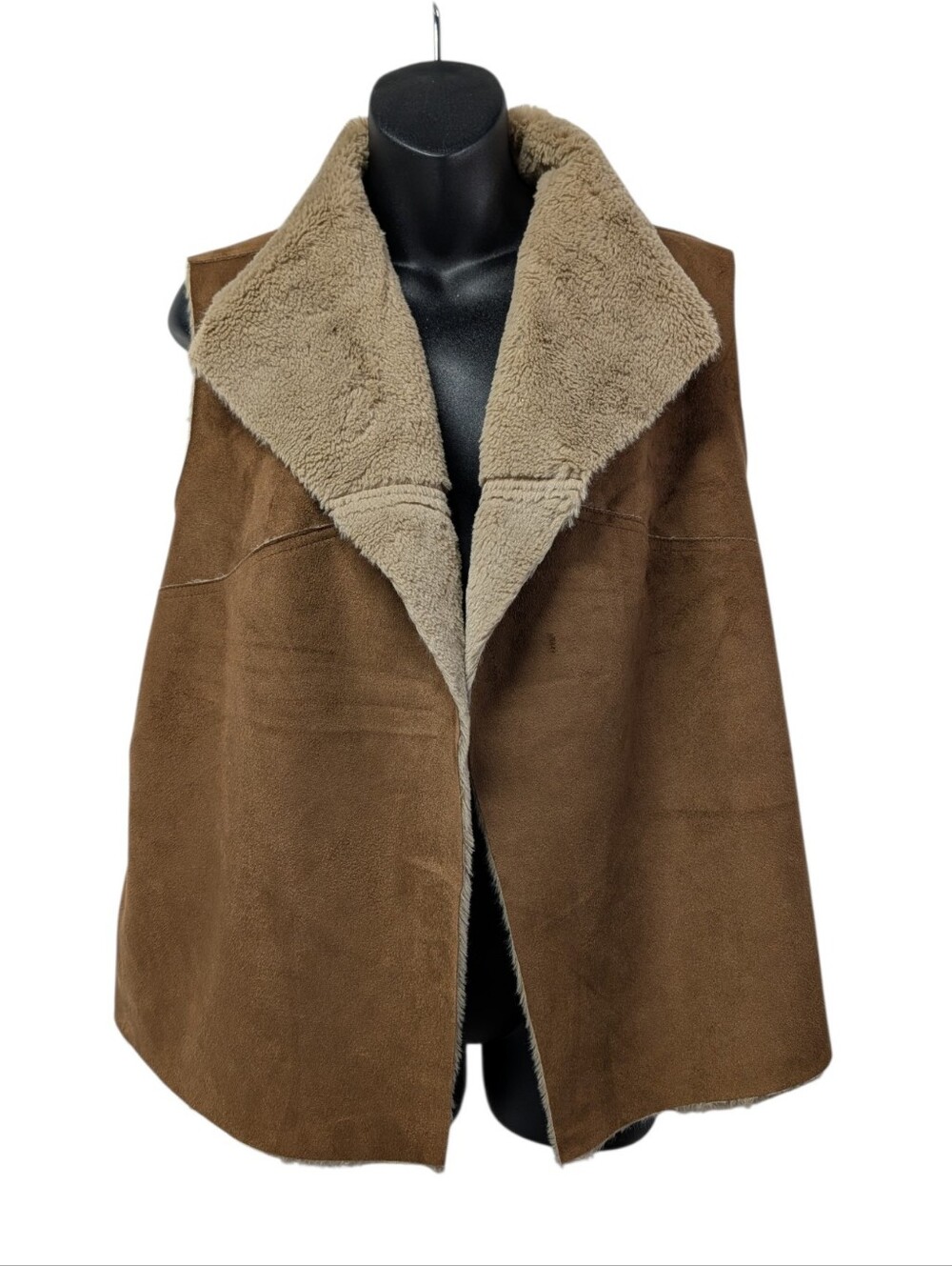 Relativity Women's Brown/Beige Lined Open Front Vest Size L Faux Fur Accents